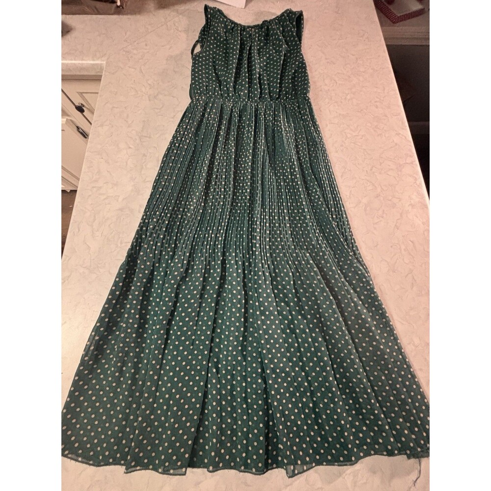Maison Jules Dress Medium M Green White Polka Dot Pleated Chiffon Sleeveless